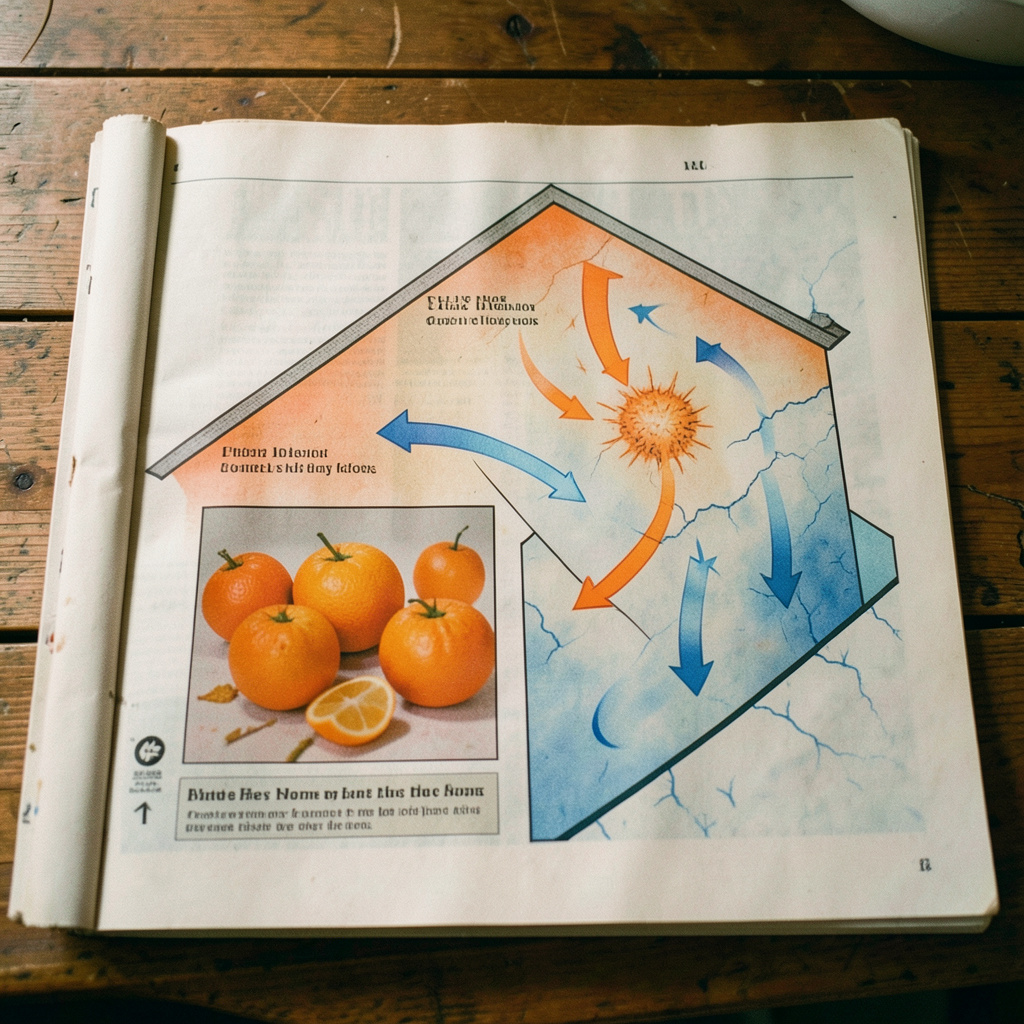 A newspaper page featuring a home insulation diagram with arrows showing heat flow, warm oranges and cool blues.
