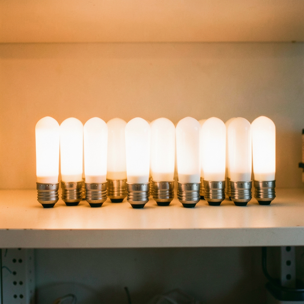 A row of compact fluorescent bulbs on a shelf, soft white glow, clean utilitarian setting.