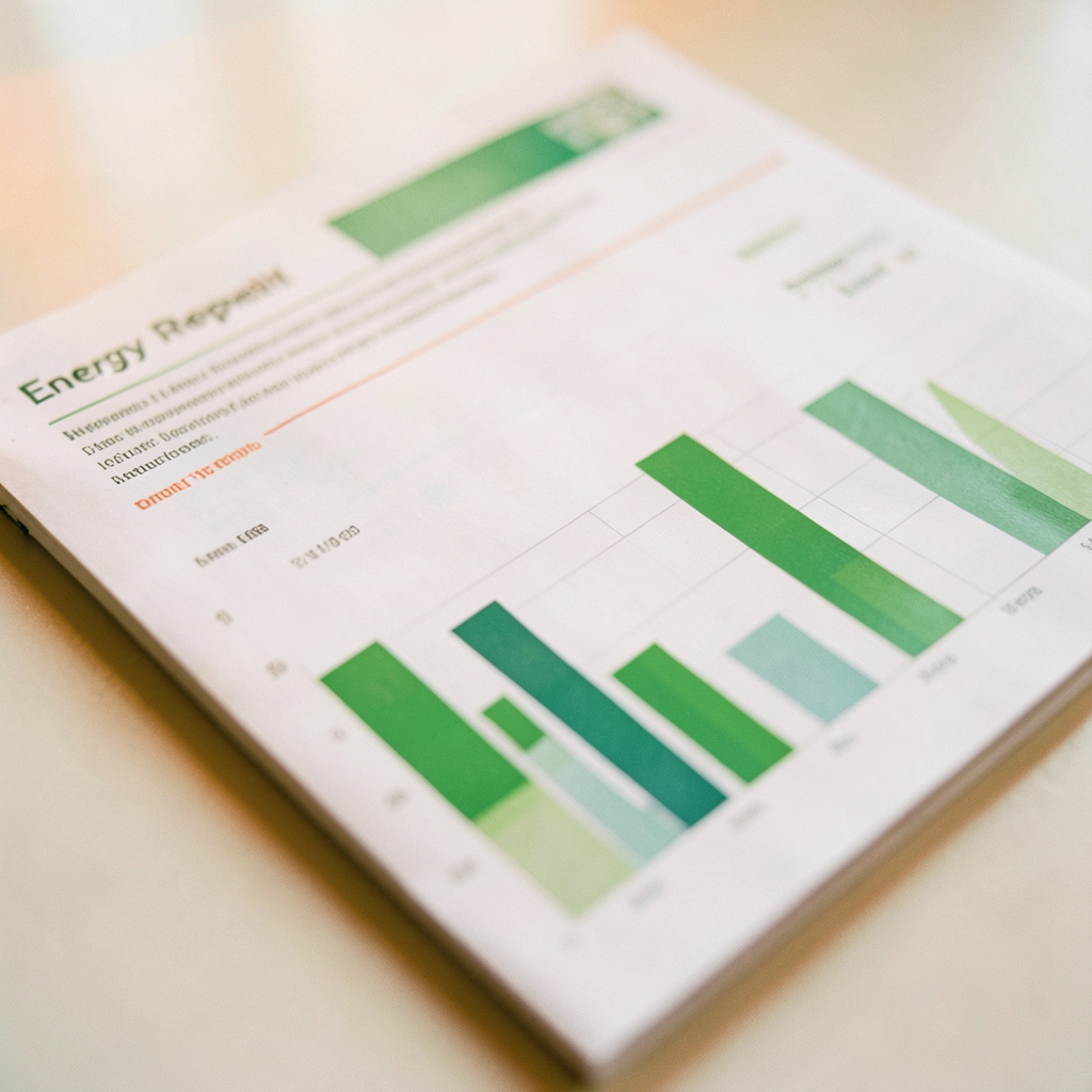 A close-up of a printed energy report cover with bar charts and a green color palette, resting on a light surface.
