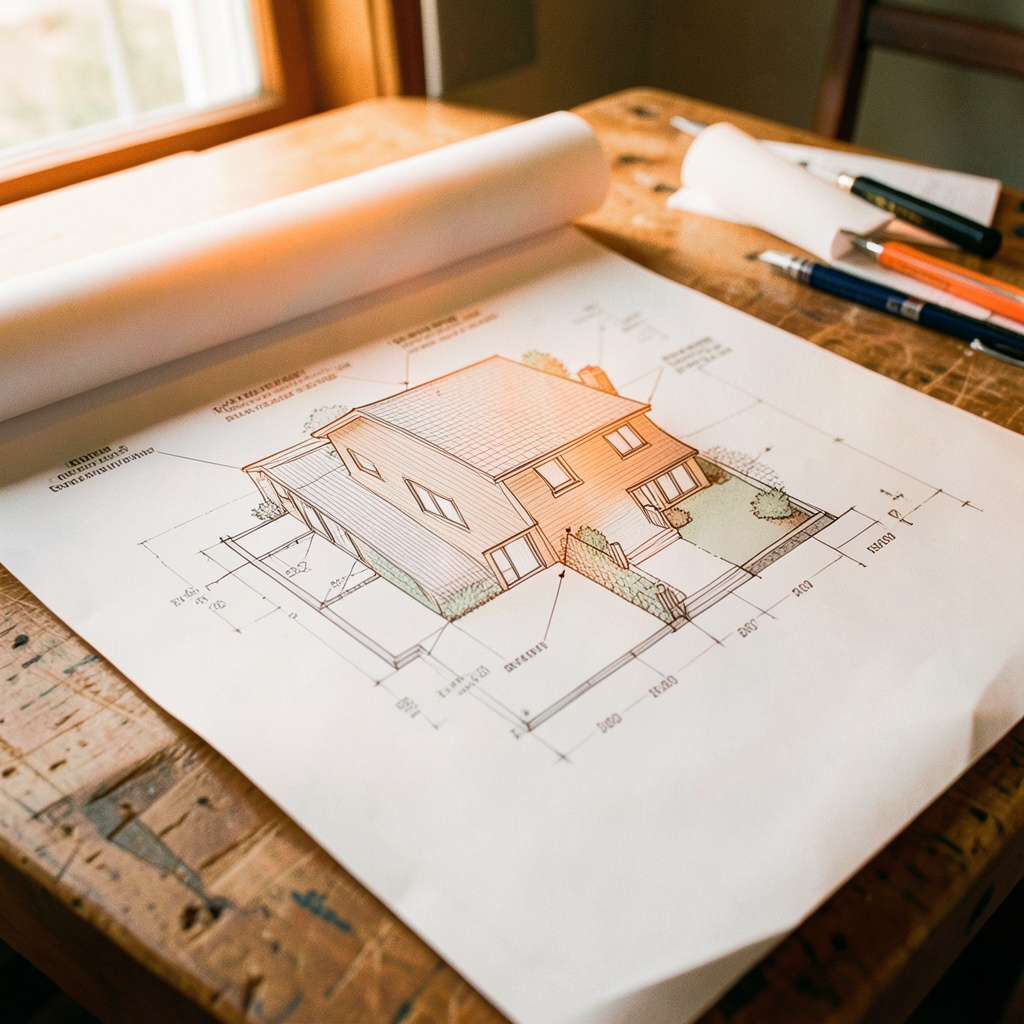 A blueprint of a single-family house with energy annotation callouts, rolled out on a drafting table.