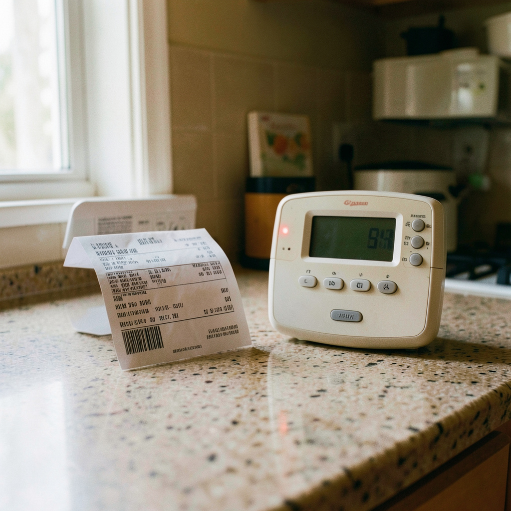 A utility bill and a thermostat side by side on a kitchen counter, natural daylight, neutral tones.