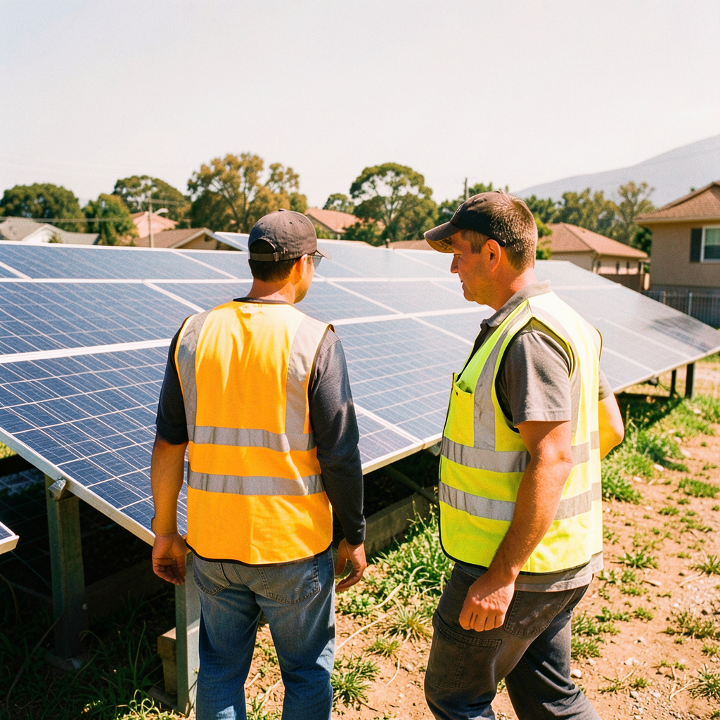 Two people in safety vests standing beside a residential solar panel installation, bright midday sun.